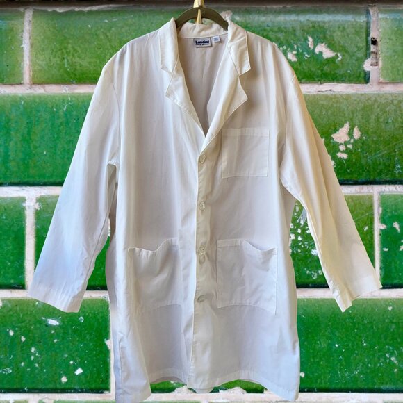 Landau White Lab Coat Notch Collar Button Front 3 Pockets HAND HOLE mens large - Picture 4 of 11
